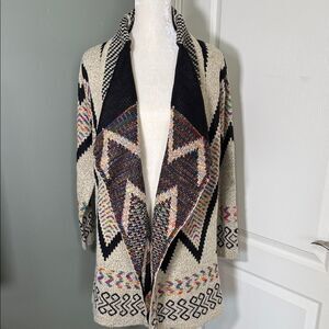 Adora Open Front Cardigan Sweater Jacket Black Beige Aztec Boho Tribal Size M